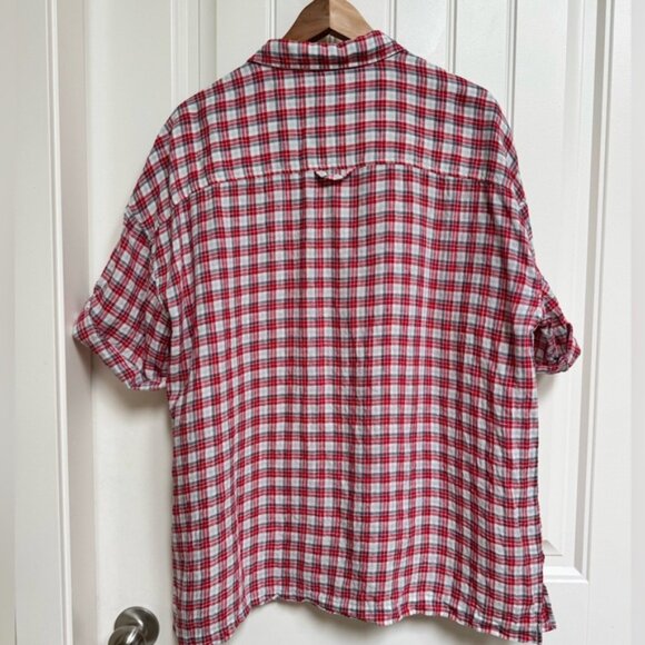 Roots 100% Linen Red, Blue, White Check Half Button Adjtable Sleeve Shirt. L - Picture 5 of 7